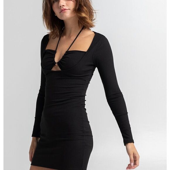 Lush Long Sleeve Cutout Tie Front Royal Blue Bodycon Dress NWT Size Large. - Picture 1 of 11